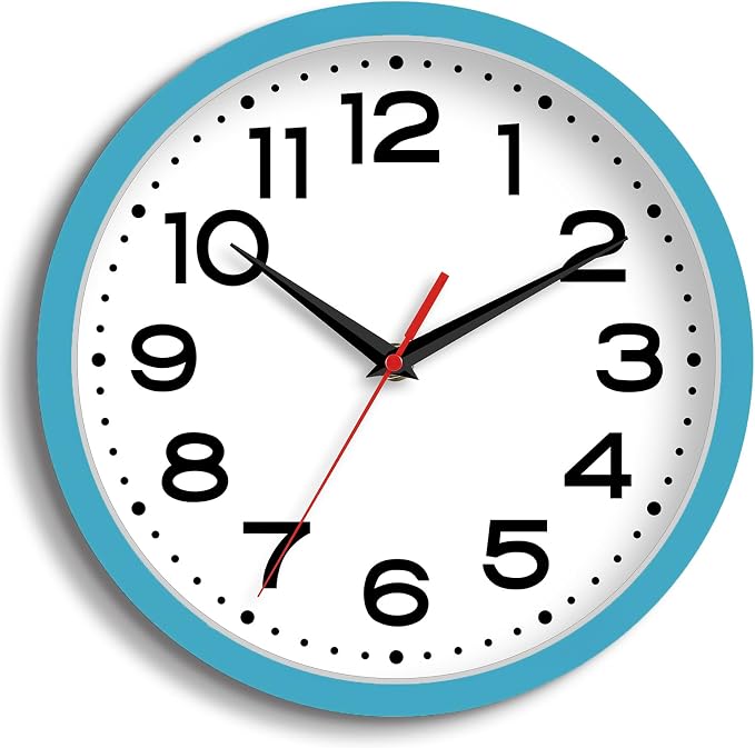Roymnie 8 Inch Small Wall Clock, Battery Operated Silent Non Ticking Blue | analog wall clock; bold numerals for easy reading; silent non-ticking; 1 AA battery (not included); for classroom