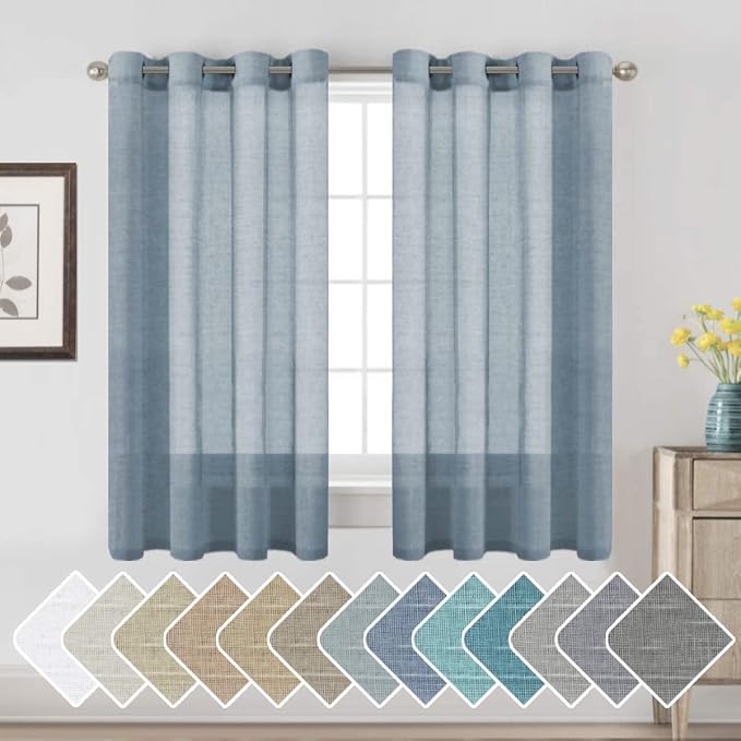 H.VERSAILTEX Semi-Sheer Linen Curtains 63 Inches Long Bedroom Window Treatments for Living Room/Rich Linen Curtain Panels, Classic Nickel Grommet Curtains, 52 by 63 Inch, 2 Panels, Denim