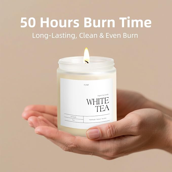 White Tea Candles for Home Scented, 9oz Natural Soy Wax Candles | Aromatherapy Non Toxic Scented Candle, Handmade Highly Scented & Long Lasting Jar Candle for Stress Relief, Holiday Gifts