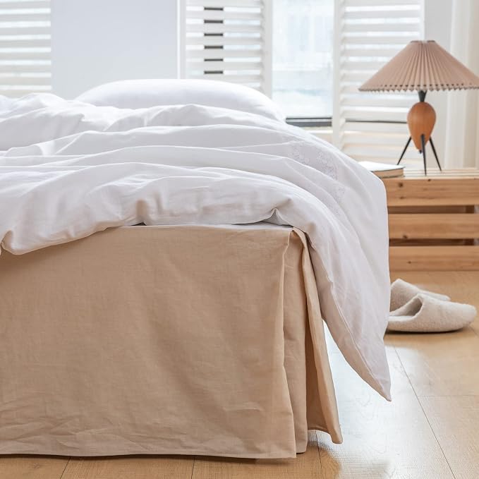 BISELINA French Linen Bed Skirt with Pleated Corner 14-Inch Tailored Drop Natural Flax Cotton Blend Basic Dust Ruffle Soft Cozy Farmhouse Bedding (14" Queen, Basic Linen)