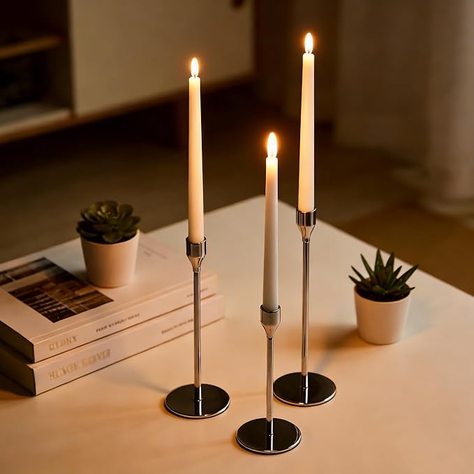 Candlestick Holders, Set of 6 Taper Silver Candle Holder Decor for Date, Festival, Wedding, Party, Dinning or Anniversary, Fit 3/4" Thick Pillar Candles & Led Candles