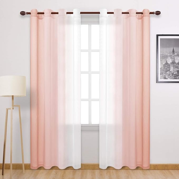 DWCN Blush Pink Faux Linen Ombre Sheer Curtains - Gradient Semi Voile Curtains for Girls Bedroom and Living Room, Set of 2 Grommet Top Window Curtain Panels, 52 Wide by 90 Inches Long