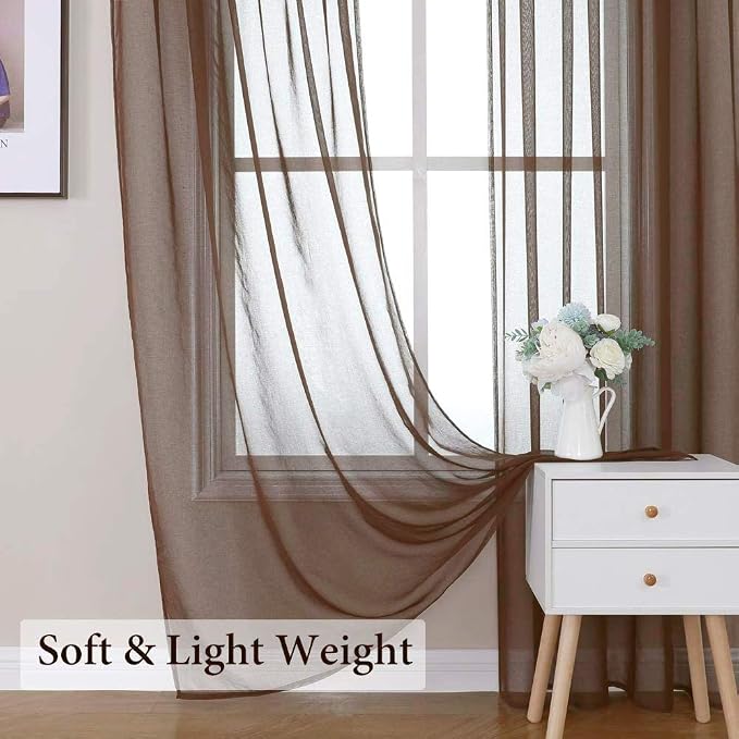 MIULEE Chocolate Brown Linen Textured Semi-Sheer Curtains 54W×96L 2 Panels | Semi Transparent, Farmhouse, Window Net Panels with Rod Pocket for Bedroom Living Room