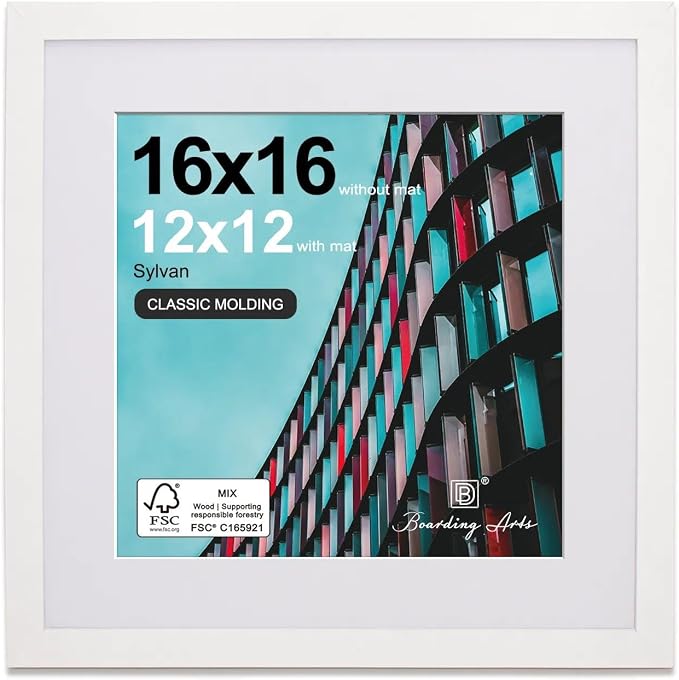 16x16 Picture Frame-White,12x12 Mat,Engineered Wood,Polished Plexiglass