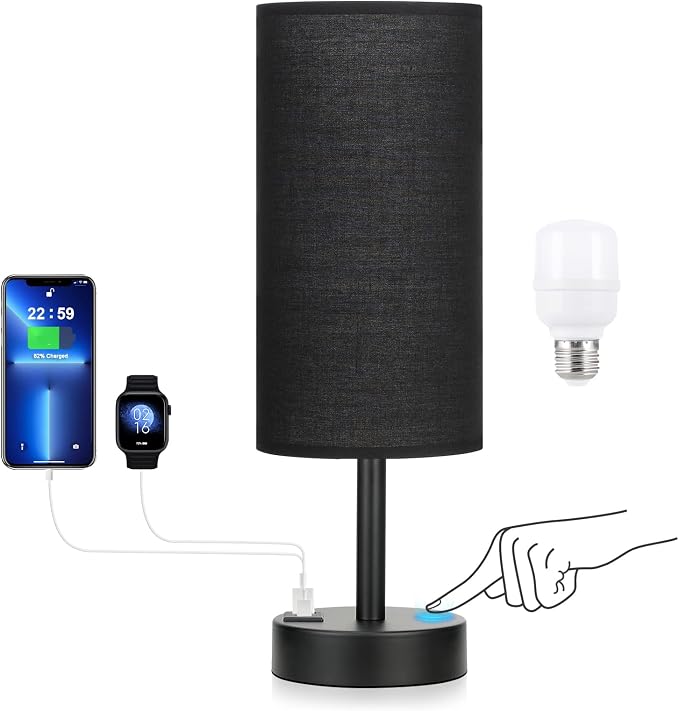 Black Touch Table Lamp for Bedroom - Small Bedside Desk Lamp for Kids