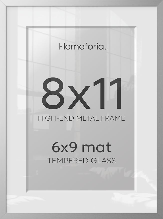 Homeforia 8x11 Silver Picture Frame, High-End Metal, 6x9 Mat, Glass