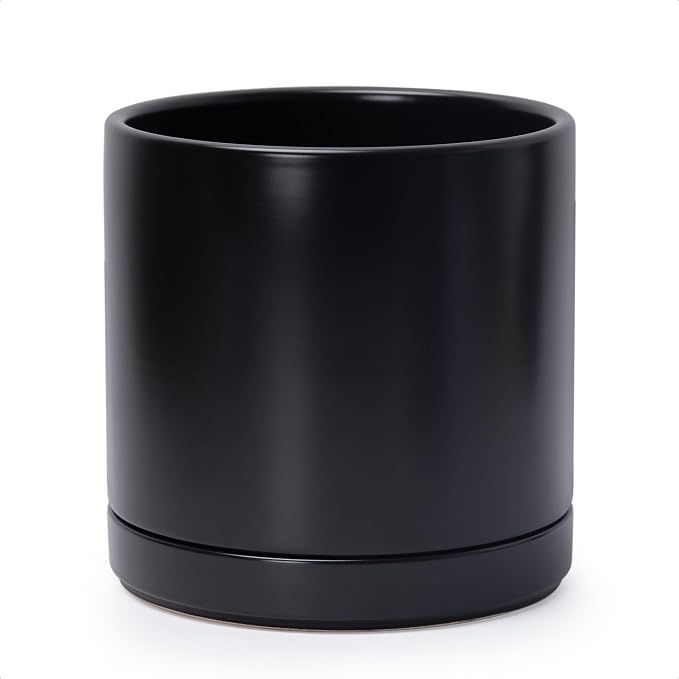 D'vine Dev 10 Inch Ceramic Planter Pot, Black, 94-O-E-2 | Modern Cylinder Design, Drainage Hole & Saucer Included, Stable Structure, Elegant Home Accent
