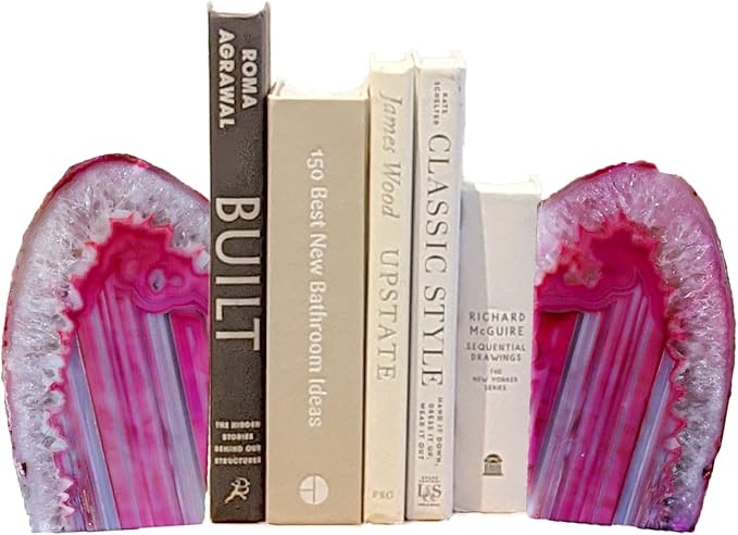 Agate Rock Bookend Heavy Duty Healing Crystal Stone Book Holders Decorative | Large Polished Stone Book Stoppers Supports Home Office Decor with Rubber Bumpers Dyed Pink 1 Pair, 4-6 LBS