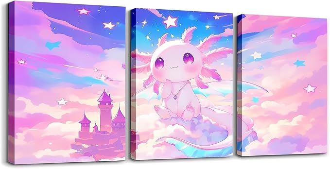 Feelyou Kids Cute Axolotl Picture Wall Decor Galaxy Cloud Wall Painting Posters Cartoon Animal Canvas Wall Art for Living Room Bedroom Boys Girls Dreamy Starry Teens Bathroom Wall Art 12"x16"x 3Pcs