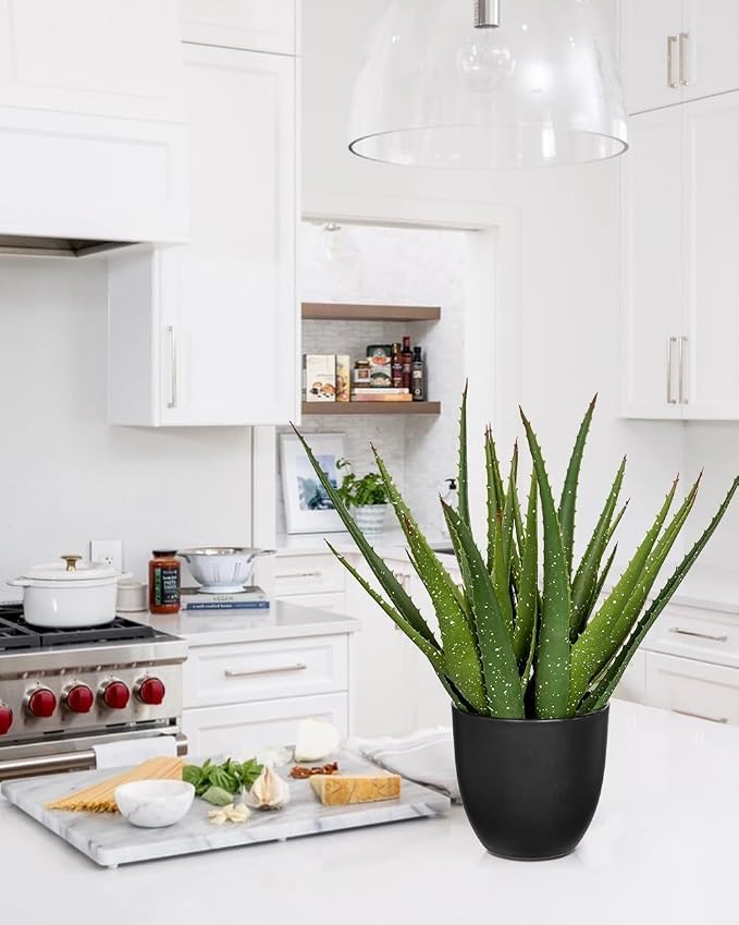 GnFlus Large Fake Succulent Aloe Vera Plants 16.5 Inch Artificial Succulents with Black Pot Faux Aloe Potted Plant for Desk Modern Home Office Bedroom Living Room Table Shelf Decor