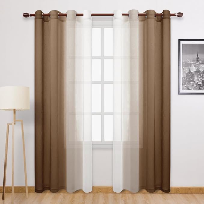 DWCN Ombre Sheer Curtains - 84 inches Faux Linen Semi Voile Gradient Light-Filtering Bedroom and Living Room Curtains, Set of 2 Grommet Top Window Drape Panels, 52 x 84 Inch Length, Warm Brown