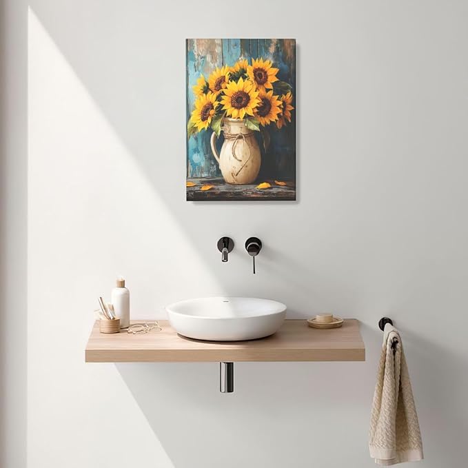 Crekviy Sunflower Wall Art Vintage Flower Wall Decor Farmhouse Canvas Prints Painting Yellow Floral Pictures Decoration for Bathroom Bedroom Living Room Framed Artwork Gifts 16"x24"