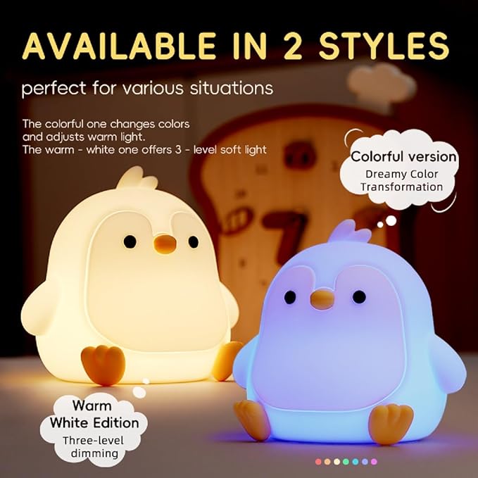 Penguin Night Light for Adults,Dimmable Cute Silicone Animal Nightlight with 7 Colors and 30min Timer Penguin Lamp, Rechargeable Bedside Touch Lamp for Kawaii Room Decor