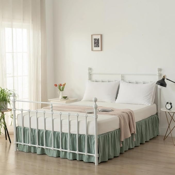 Bed Skirt Queen Size - Ruffled Bed Skirt - with Split Corners - Sage Green | Striped Boho Tufted -14 Inch Drop Bedskirt with Platform-Soft Premium Hotel Quality - Easy Fit