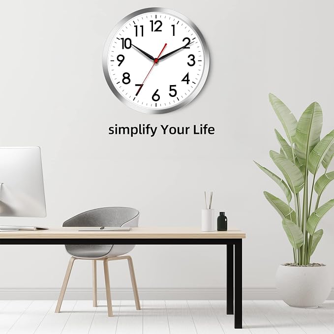 AKCISOT 14 Inch Wall Clock, Silent Battery Operated Analog Clock, Silver | Classroom | Office | Kitchen | Living Room | Garage | Shop | Large Size | Easy-to-read numbers