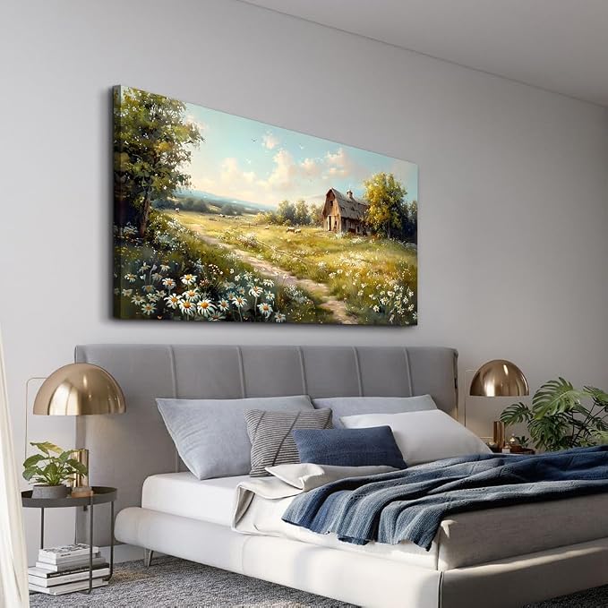 KELIYUAN Large Wall Art For Living Room Canvas Wall Decor For Bedroom Office Wall Decoration Vintage Country Field Landscape Painting Framed Pictures Artwork Room Mural Aesthetic Home Decor 30"x60"
