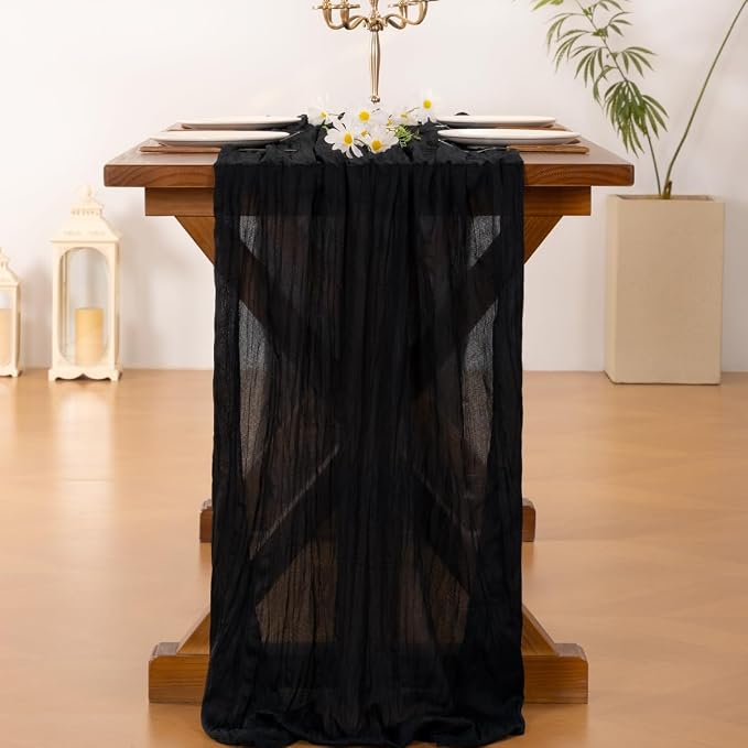 Black Table Runner Halloween Fall Cheesecloth Wedding Birthday Party Decor | Black 10pcs Rustic Gauze 10FT Cheese Cloth Sheer Farmhouse Dining Runner for Baby Shower Bridal Holiday Decorations