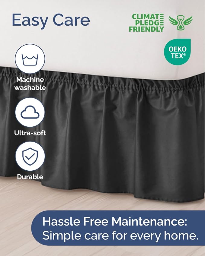 Wrap Around Dust Ruffle Bed Skirt - College Dorm Room - Twin/Twin XL | Black, 24 Inch Drop, Elastic Strap & Adjustable Pleated Bedskirt, Wrinkle & Fade Free, for Women, Men, Students, Kids & Teens
