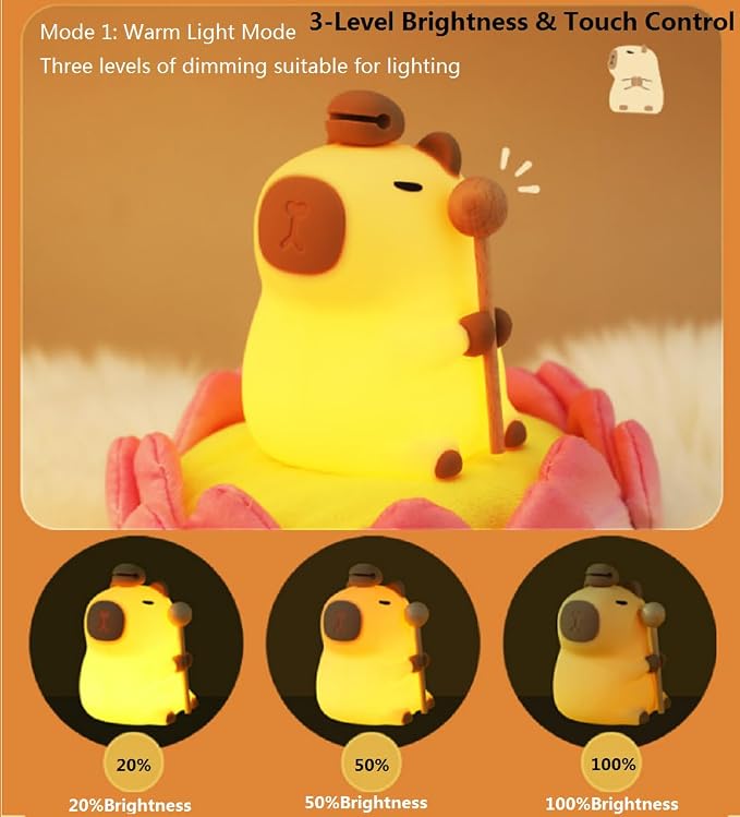 Capibara Night Light for Adults, Silicone Dimmable Animal Nightlight with 7 Colors,Rechargeable Bedside Touch Lamp for Room Decor