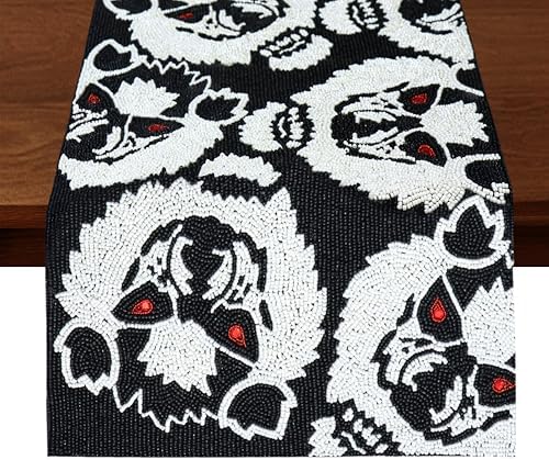 COTTON CRAFT Halloween Beaded Table Runner - Black White Werewolves