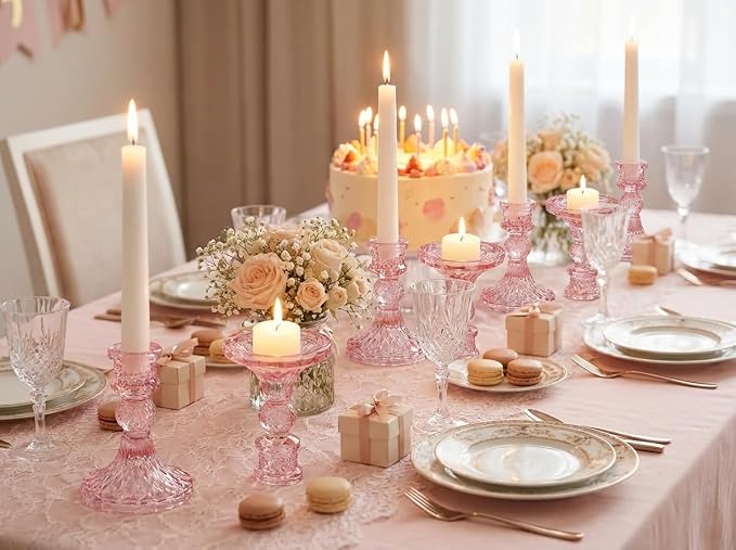 Glass Candle Holder Set of 12, Pink Taper Candle Holders Bulk | Vintage Candlestick Holders, Candle Stick Holder for Table Centerpieces, Wedding & Mother's Day