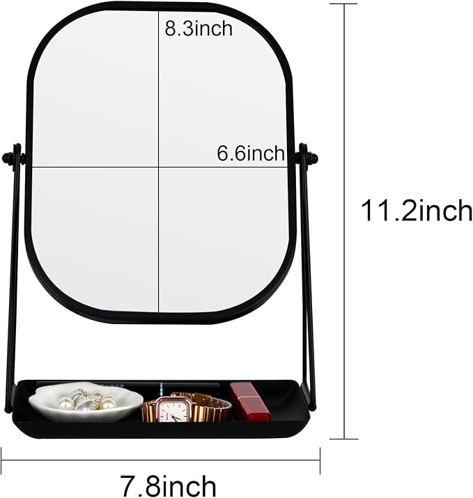 Tstarer 360 Degrees Rotating Metal Makeup Mirror with Storage (Black) | Vanity Mirror for Desk, Bathroom, Bedroom, Dressing Table
