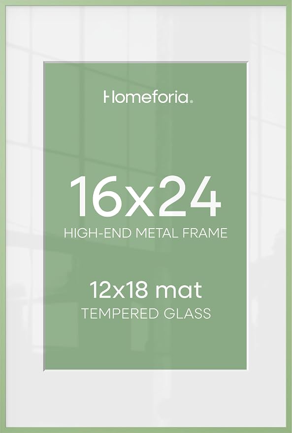 Homeforia 16x24 Green Picture Frame, High-End Metal, 12x18 Mat, Glass