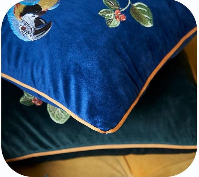 Luxury Embroidery Parrot Throw Pillowcase Gold Embroidered Velvet Cloth Cushion Cover Decorative Animal Bird Print Parrot Pillows Case for Preppy Stuff Room 1PCS (Color-2)
