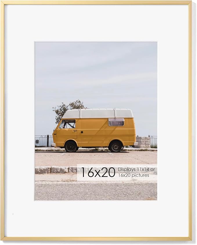 Fun Memories 16x20 Metal Picture Frame with 11x14 Mat, Brushed Aluminum Finish, Tempered Glass Front, and Attached Hanging Hardware(Gold, Pack of 1)