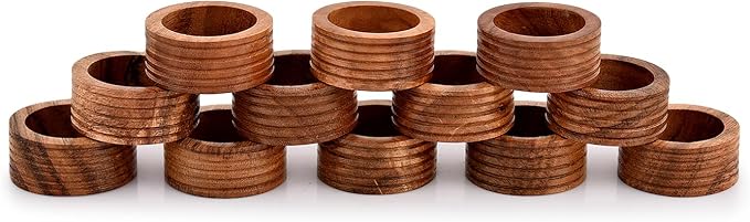 NIRMAN Napkin Ring Acacia Wood Set of 12, Wooden Napkin Rings Artisan Crafted in India, Tabletop Decor