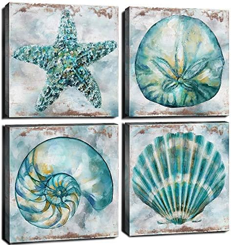 Teal Conch Canvas Wall Art Bathroom Decor Rustic Beach Watercolor Aqua Starfish Prints Pictures Vintage Shell Laundry Painting Poster 4 Pcs Set Modern Beach Theme Bedroom Framed Artwork 24 x 24 Inches
