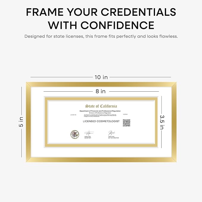 Homeforia 5x10 Gold License Frame, High-End Metal, 3.5x8 Mat, Glass