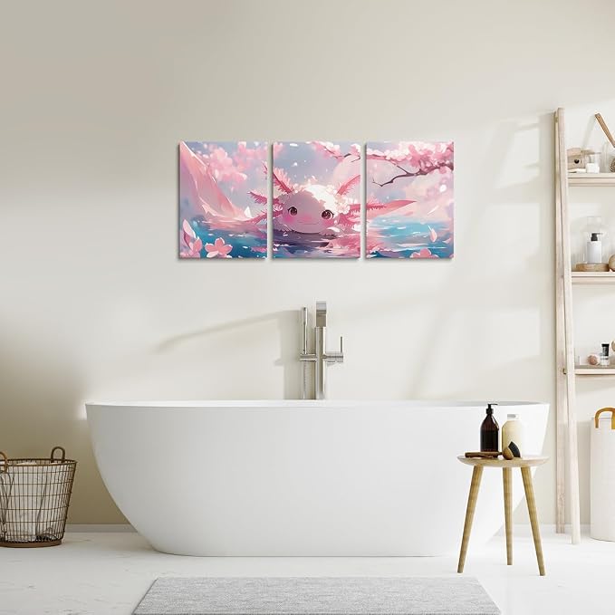 Feelyou Kids Cute Axolotl Wall Painting Posters and Prints Ocean Canvas Wall Art for Living Room Bedroom Kawaii Sealife Picture Wall Decor Boys Girls Cherry Blossoms Bathroom Wall Art 12"x16"x 3Pcs