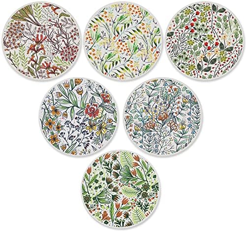 AD Set of 6 Coasters for Drinks Absorbing Round Ceramic Stone Coaster with Cork Base,Tabletop Protection Mat for Mugs and Cups,Office,Kitchen (Bontanicals with Holder)