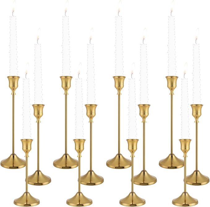 Candlestick Holders 4 Sets(12 Pcs), Brass Gold Candle Holders with Anti-Slip Pad, Metal Taper Candle Holder, Candle Holder for Wedding Fireplace Mantel Housewarming Gift