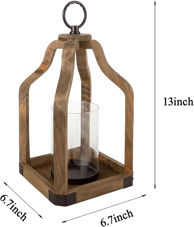 Rustic Wood Lantern Candle Holder for Farmhouse Decor | Indoor and Outdoor Table Centerpiece with Glass Hurricane, 13" High