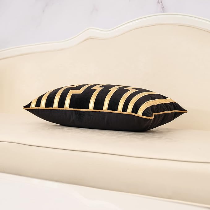 Alerfa Geometric Gold Leather Striped Throw Pillow Cover 12x20 Inch, Luxury Velvet Embroidered Decorative Lumbar Pillow Cover for Couch Living Room Bedroom, Black