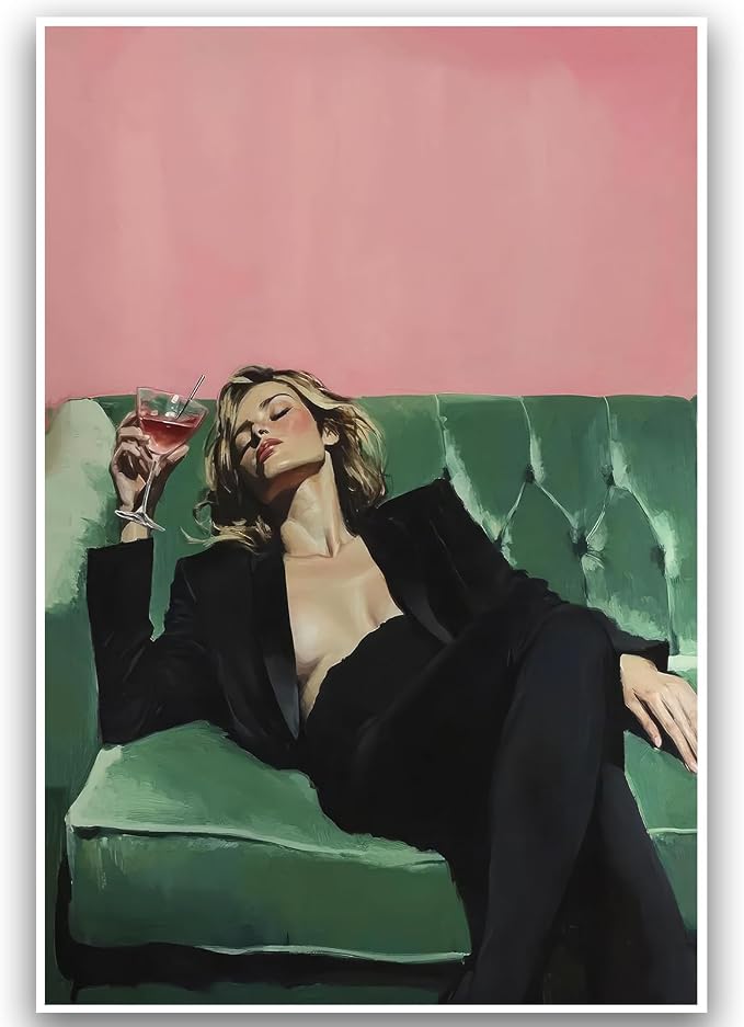KAQNMY Retro Bar Wall Art Eclectic Cocktail Poster 16x24 Inch Unframed | Vintage Woman Wall Art Funky Victorian Woman on Couch with Martini Picture Trendy Bar Cart Decor for Kitchen Dining Room