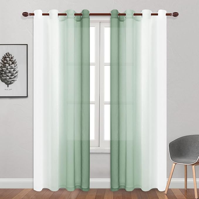 DWCN Light Sage Faux Linen Ombre Sheer Curtains - 96 inches Long Gradient Semi Voile Curtains for Bedroom and Living Room, Set of 2 Grommet Top Window Curtain Panels, 52 x 96 Inches Long,Sage Green