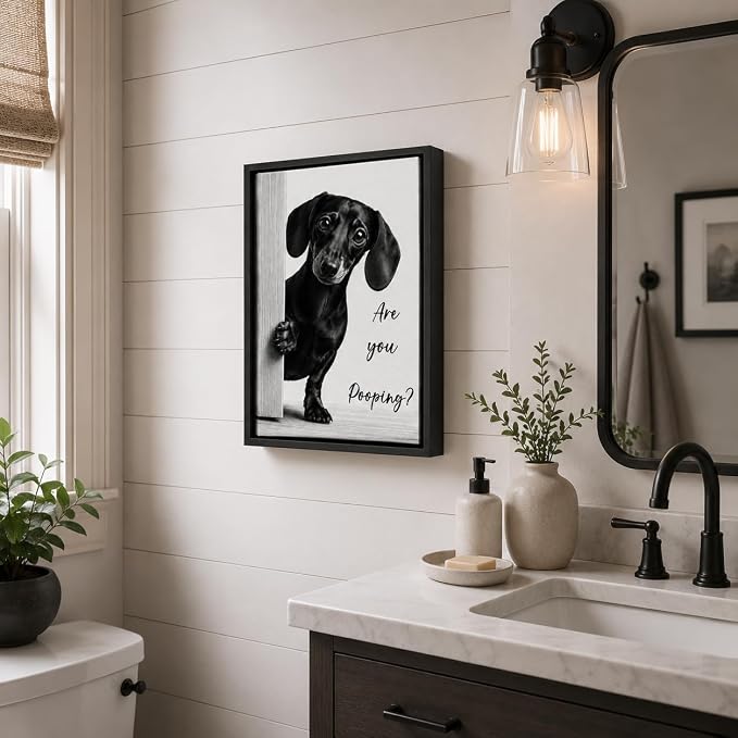 Framed Funny Bathroom Wall Art, Dachshund Are You Pooping Canvas Print, Minimalist Black and White Humor Bathroom Animal Decor for Restroom Toilet 8x10in