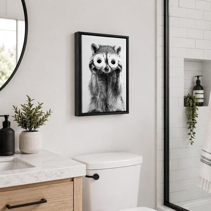 Framed Adorable Raccoon Bathroom Canvas Wall Art Toilet Paper Raccoon Wall Decor Pictures Funny Black and White Bathroom Animal Posters Prints for Restroom Home Decoration 12x16in