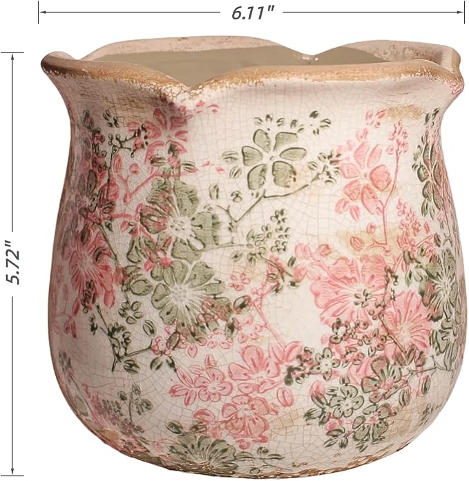 Ceramic Pots for Plants, Pink Colorful Vintage Plant Pot with Drainage Hole | 6.11 Inch Crackle Glaze Planter for Indoor/Outdoor Plants, English Cottage Shabby Chic Home Decor, Pastel Meadow