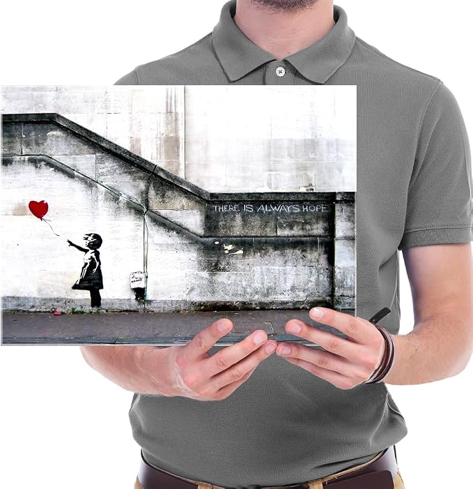 Wieco Art Banksy Grafitti Girl with Red Balloon Canvas Prints Wall Art Grey Love Pictures Paintings for Living Room Bedroom Home Decorations Modern Stretched and Framed Inspirational Giclee Artwork