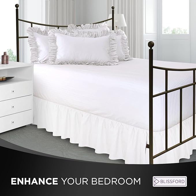 BLISSFORD White Bed Skirt Twin Size 14 inch Drop - with Split Corners - Cotton Blend Ruffle Bed Skirt, Dust Ruffle with Platform, White Bedskirt, Machine Washable