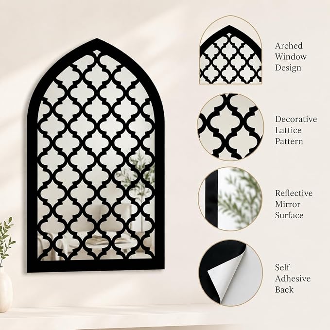 2 Pcs Moroccan Window Mirror Wall Decor, 12.8 x 8.9 Inch Self Adhesive Arched Mirror Wall Stickers for Living Room Bedroom Bathroom Hallway Entryway Bohemian and Mediterranean Style