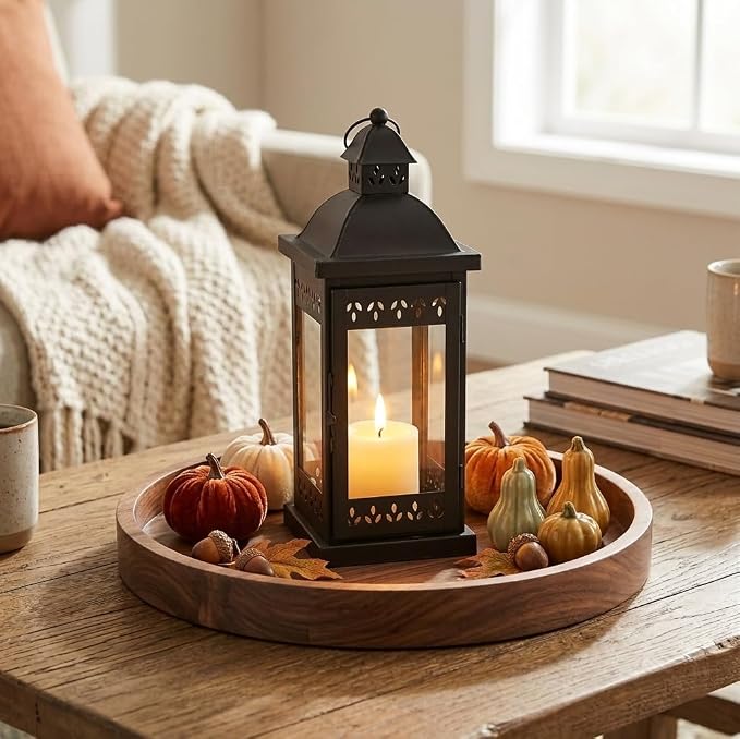 Hosley 15" Clear Glass Iron Lantern - Large Black Classic Style, Decorative Candle Holder for Weddings, Parties, Aromatherapy, Spa, LED Candles, Home Décor Gift
