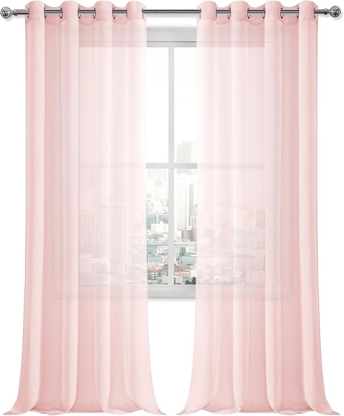 DWCN Blush Pink Sheer Curtains Bedroom Curtains Faux Linen Voile Sheer Drapes Grommet Top Window Curtain Panel 52 x 90 inches Long,Set of 2 Panels