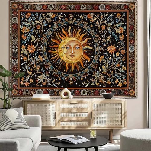 Accnicc Vintage Sun and Moon Tapestry Hippie Indie Boho Floral Wall Tapestry for Bedroom Aesthetic Stained Glass Celestial Plant Small Tapestries Wall Hanging for Living Room Dorm 48 x 36 Inch
