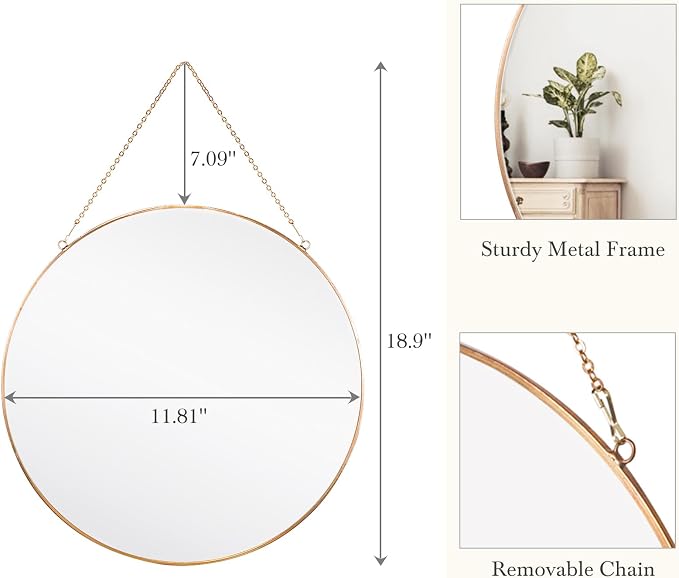 Dahey 11.8" Small Circle Round Office Wall Hanging Mirror with Chain, Gold | Anti-Scratch Velvet Back, Easy to Hang, Metal Frame, Nordic Minimalist Boho Wall Decor, for Bathroom Bedroom Living Room Dorm