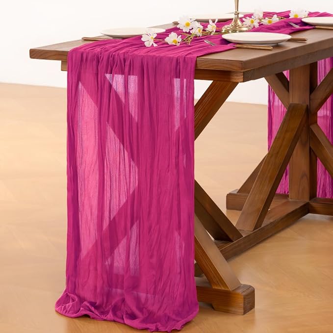 Cheesecloth Table Runner Fall Boho Wedding Birthday Party Home Decor | Hot Pink 3pcs Rustic Gauze 10FT Cheese Cloth Sheer Farmhouse Dining Runner for Baby Shower Bridal Holiday Decorations